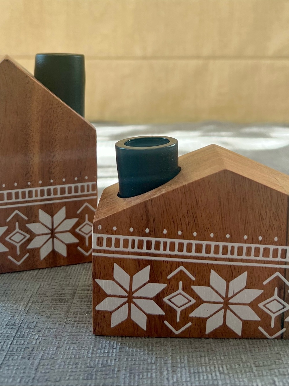 Wooden House Tea Light Candle Holders in Dark Green